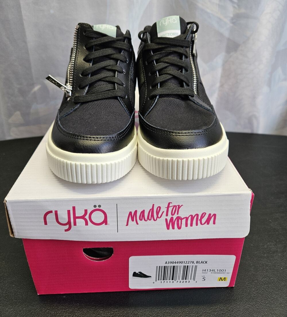 Ryka Victory Leather Wedge Sneaker Side Zip Black Women US 5M Platform Shoes NIB
